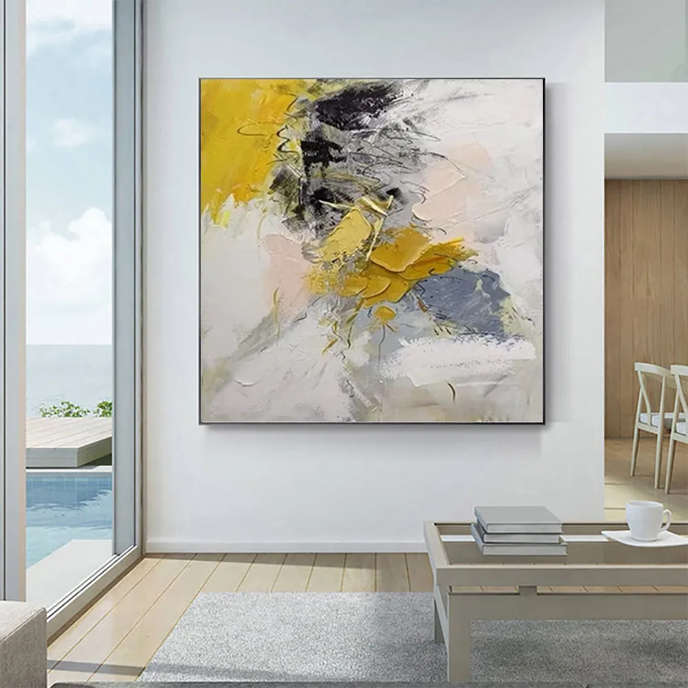 Hand painted abstract oil painting on canvas, modern square artwork, gold and black tones, for living room wall decor