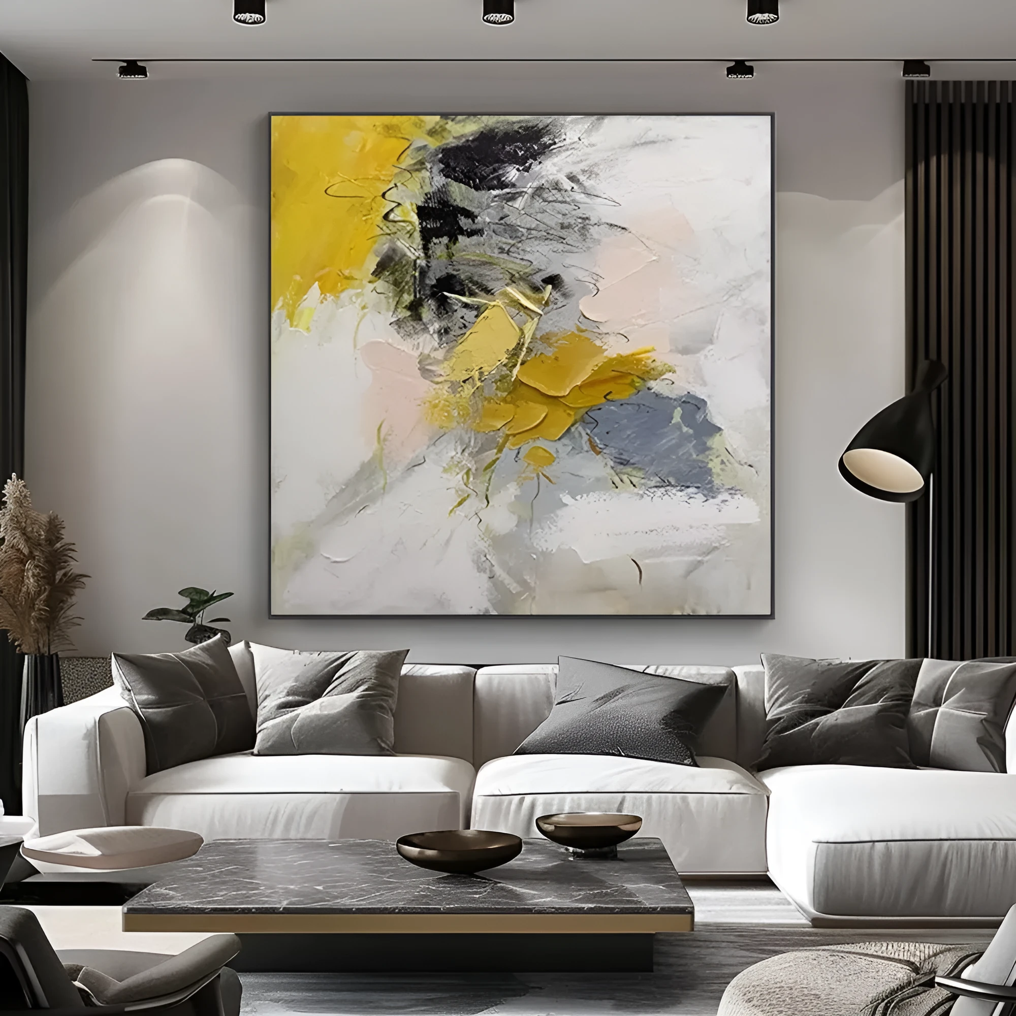 Hand painted abstract oil painting on canvas, modern square artwork, gold and black tones, for living room wall decor