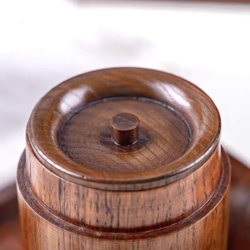 Tea storage can with wooden texture design, 7.5 cm diameter and 12 cm height, offset printed finish, with lid