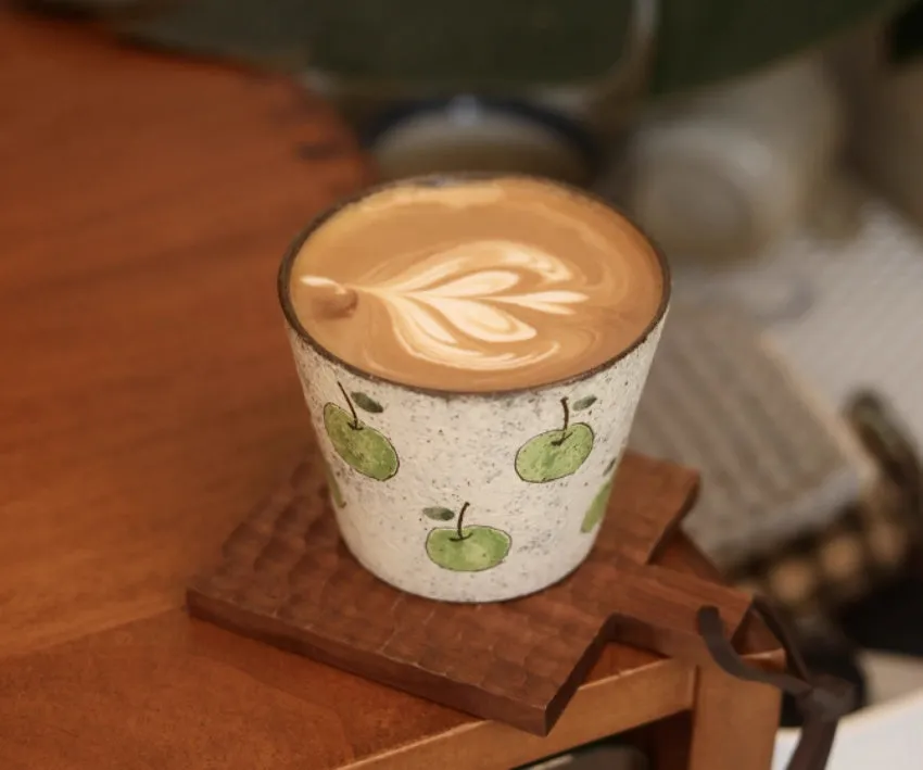 Handmade purple clay green pig tea cup with coaster, 9.2cm diameter, 280ml capacity