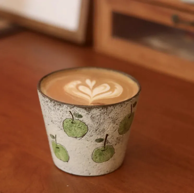 Handmade purple clay green pig tea cup with coaster, 9.2cm diameter, 280ml capacity