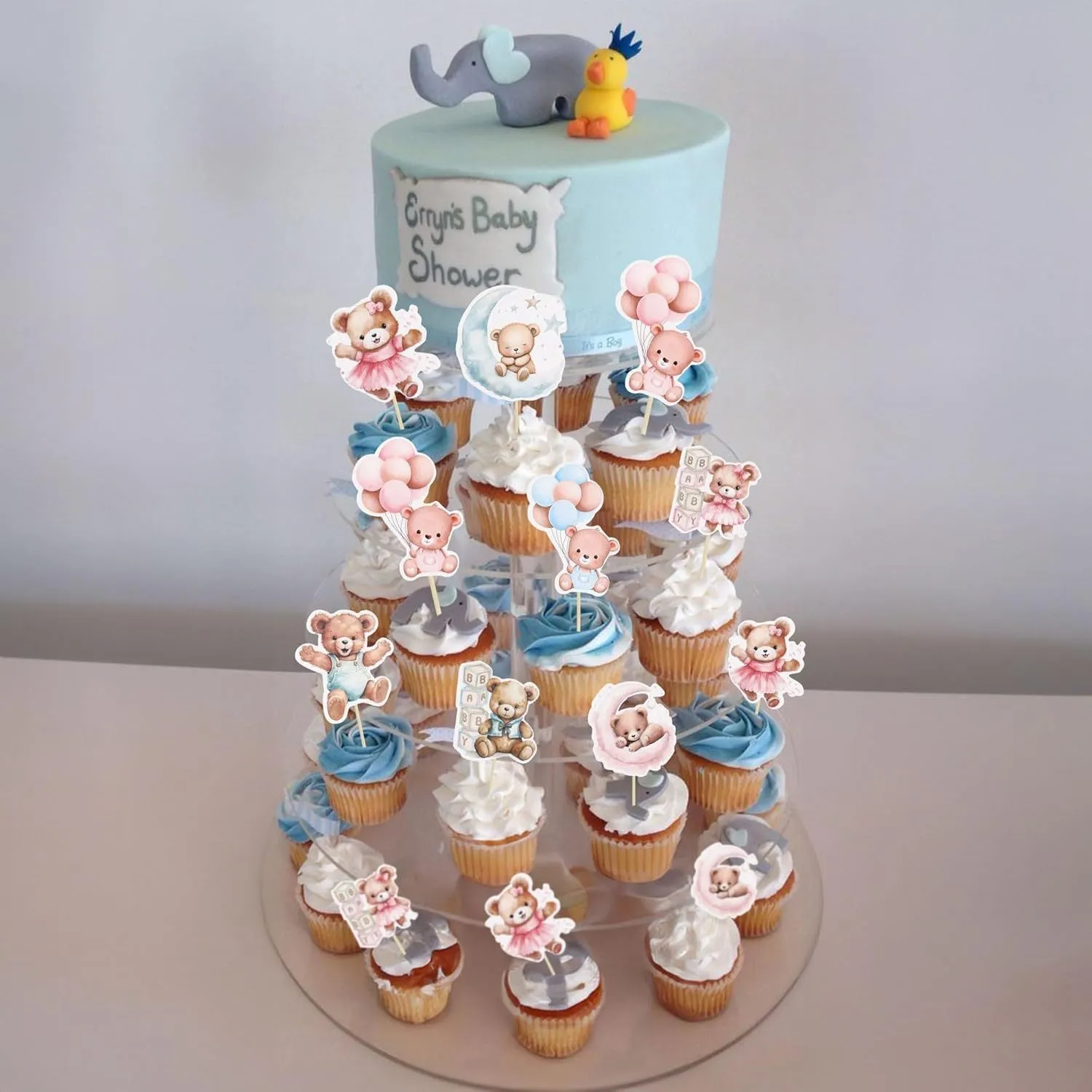 Baby bear paper cake decoration card inserts in pink and blue with stick finish, 12 pieces