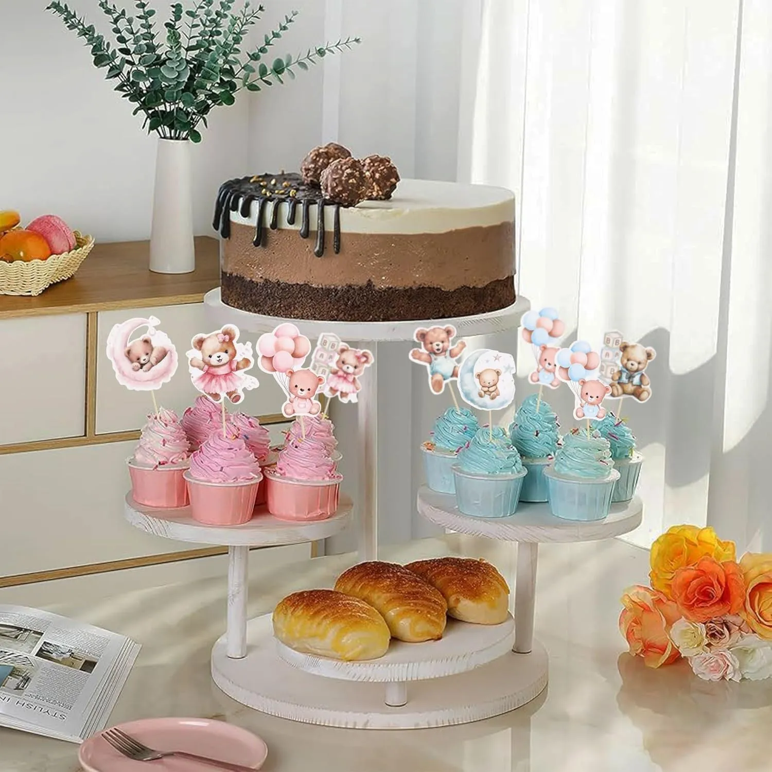 Baby bear paper cake decoration card inserts in pink and blue with stick finish, 12 pieces