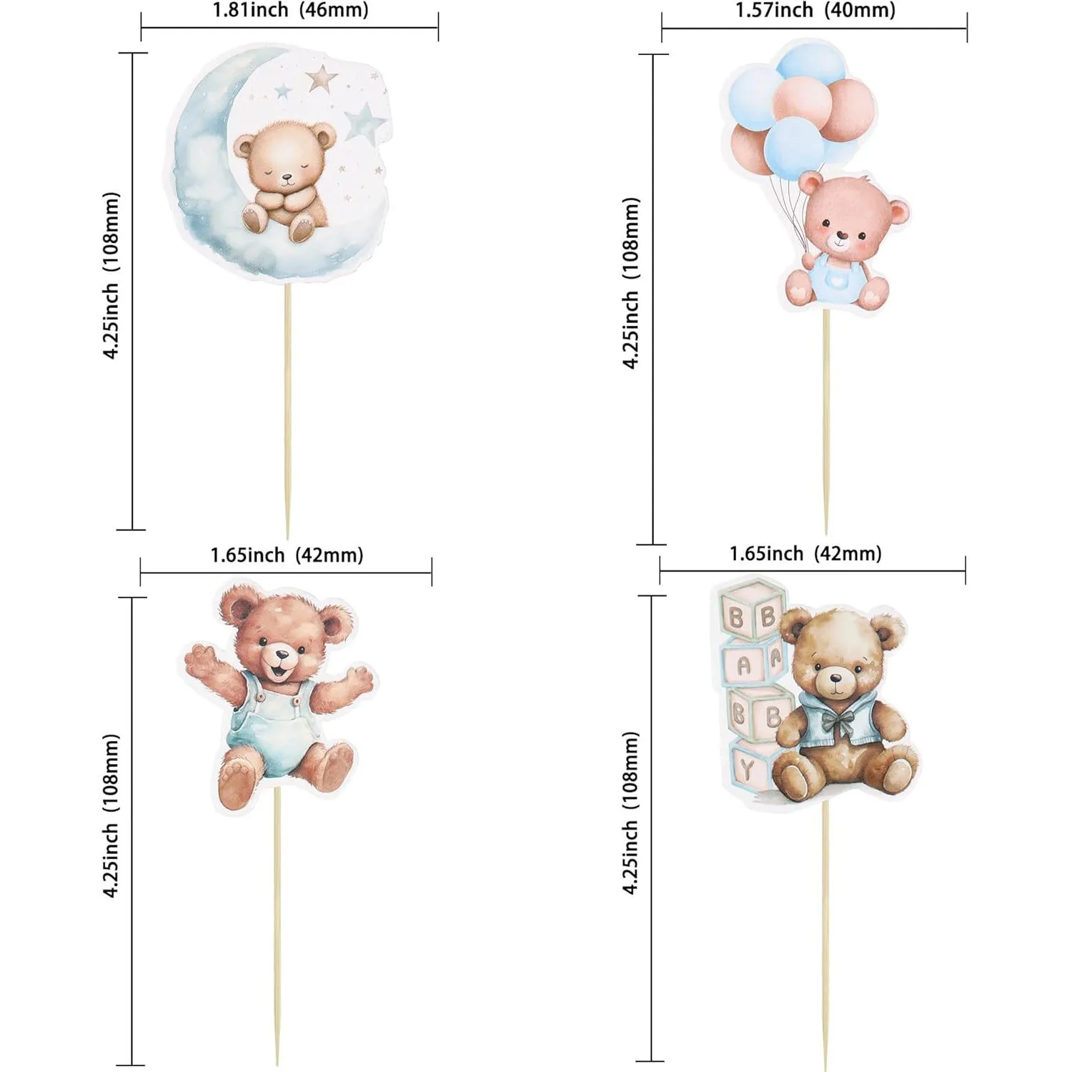 Baby bear paper cake decoration card inserts in pink and blue with stick finish, 12 pieces