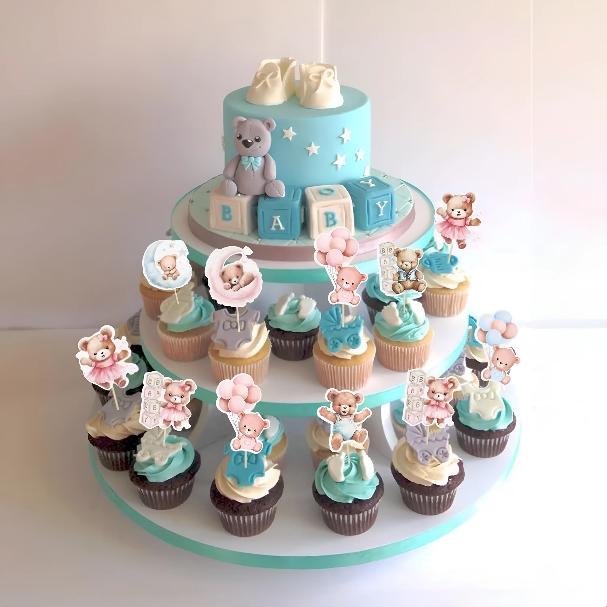 Baby bear paper cake decoration card inserts in pink and blue with stick finish, 12 pieces