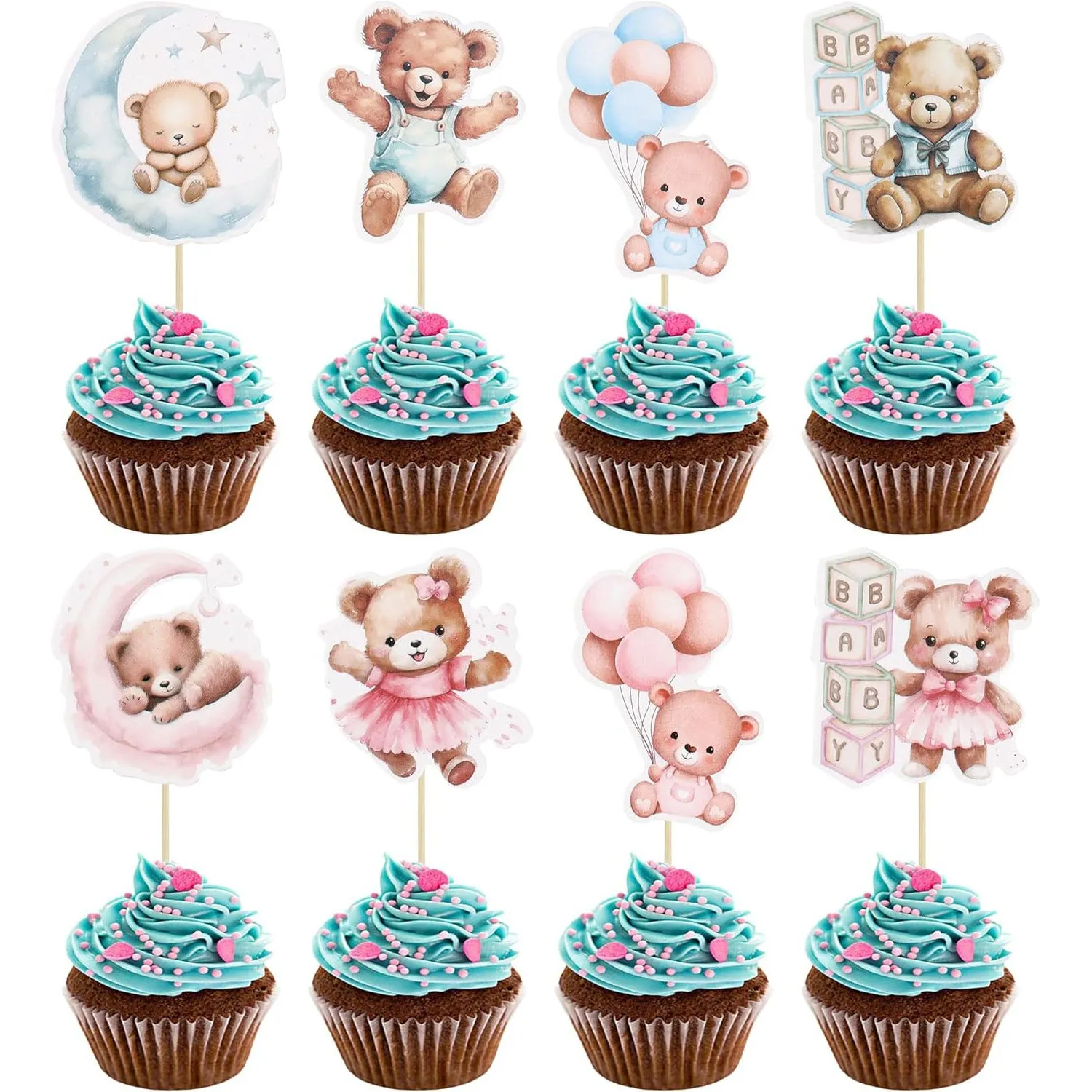 Baby bear paper cake decoration card inserts in pink and blue with stick finish, 12 pieces