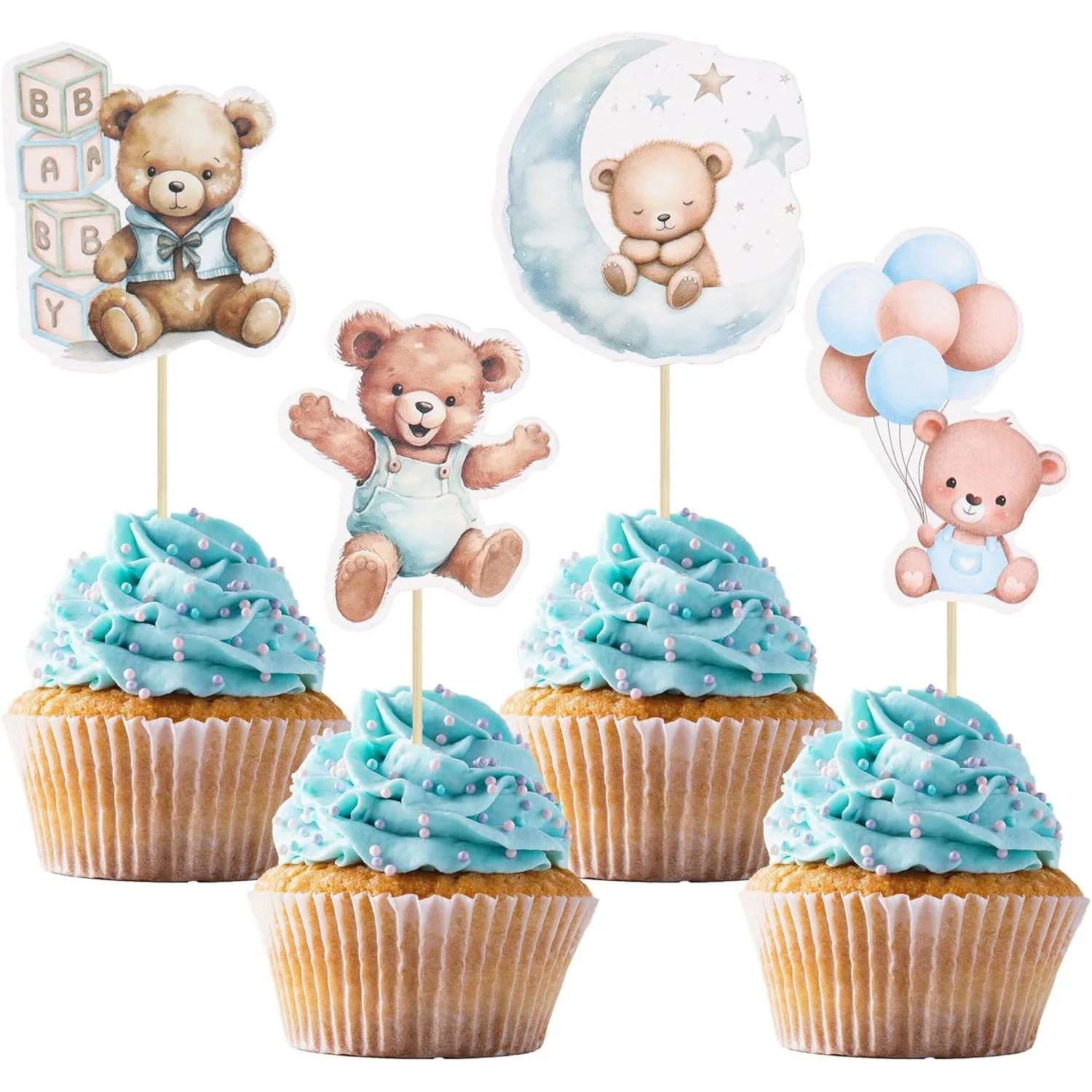 Baby bear paper cake decoration card inserts in pink and blue with stick finish, 12 pieces