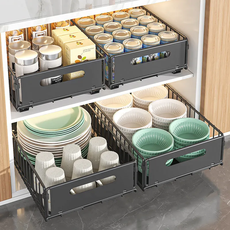 Punch-free folding cabinet basket in carbon steel pull out style black for snack storage