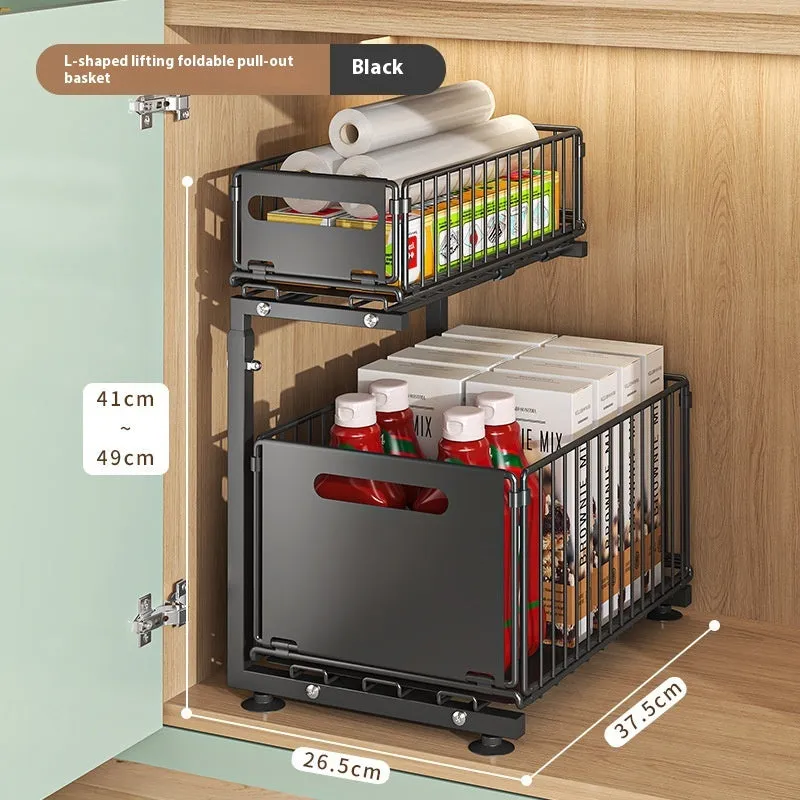 Punch-free folding cabinet basket in carbon steel pull out style black for snack storage