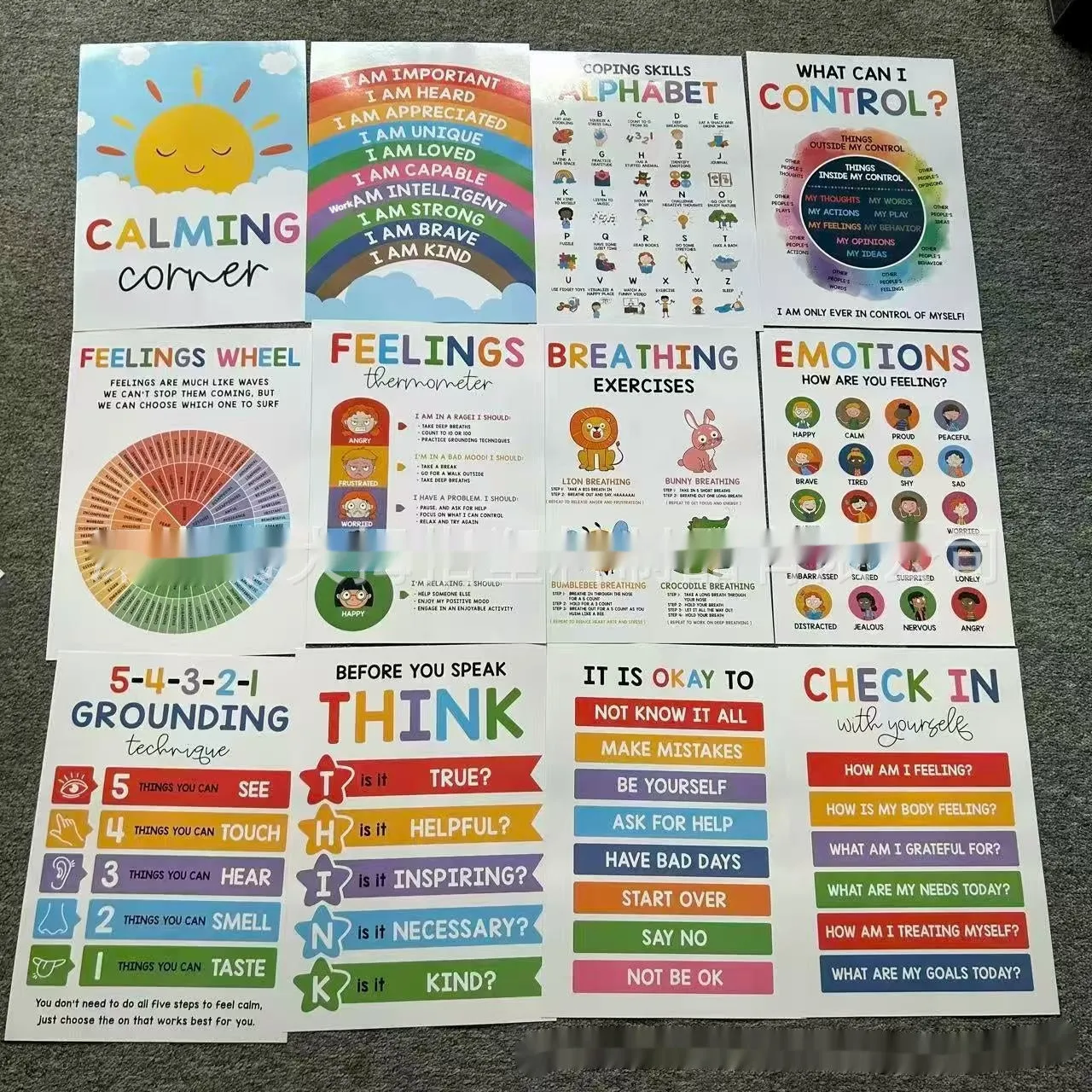 Calm corner poster set with 12 or 16 sheets for classroom decoration, available in 35x25cm or 42x28cm sizes
