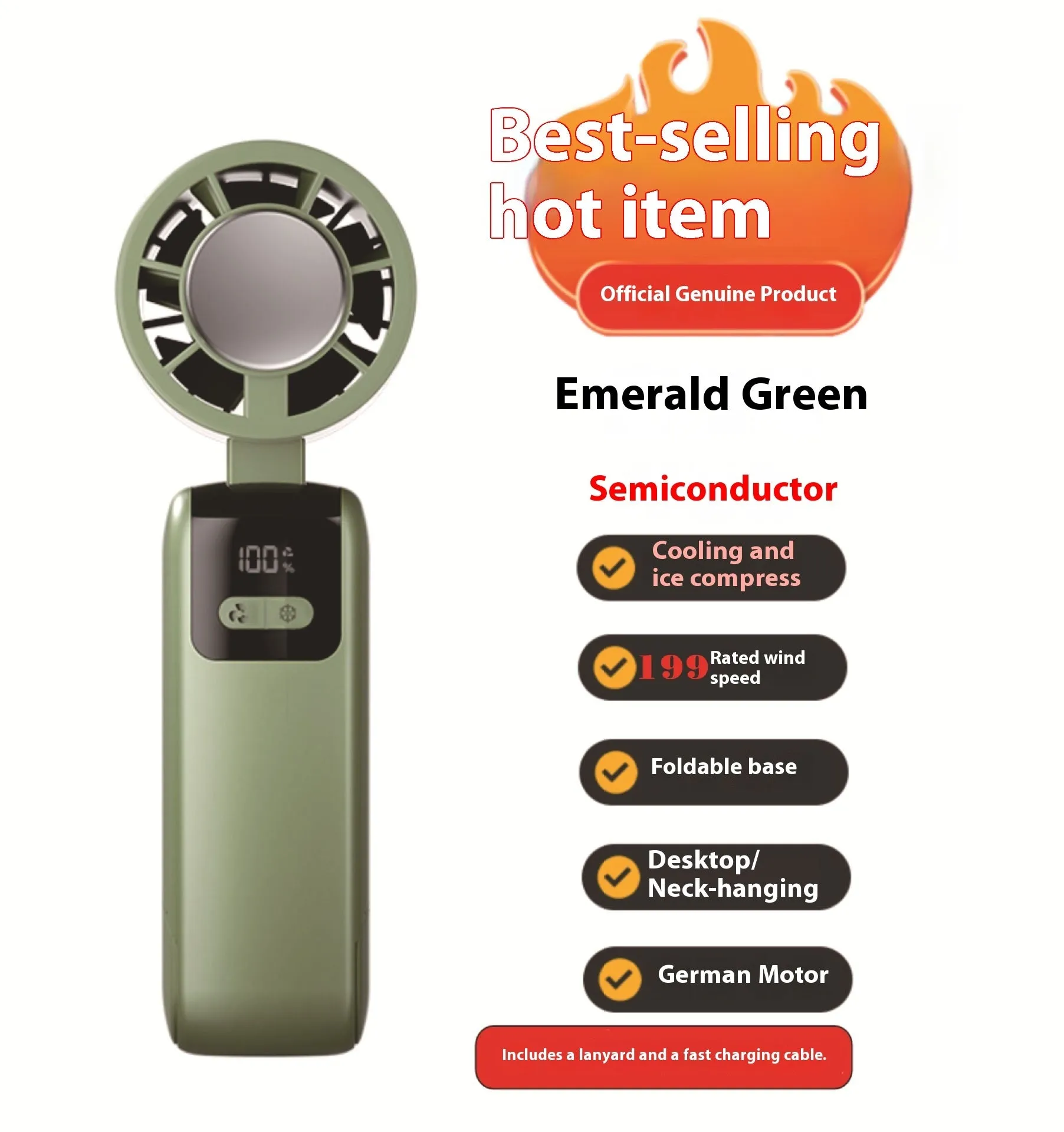 Y31 semiconductor folding digital display handheld refrigeration fan in rock gray with 199 speed settings