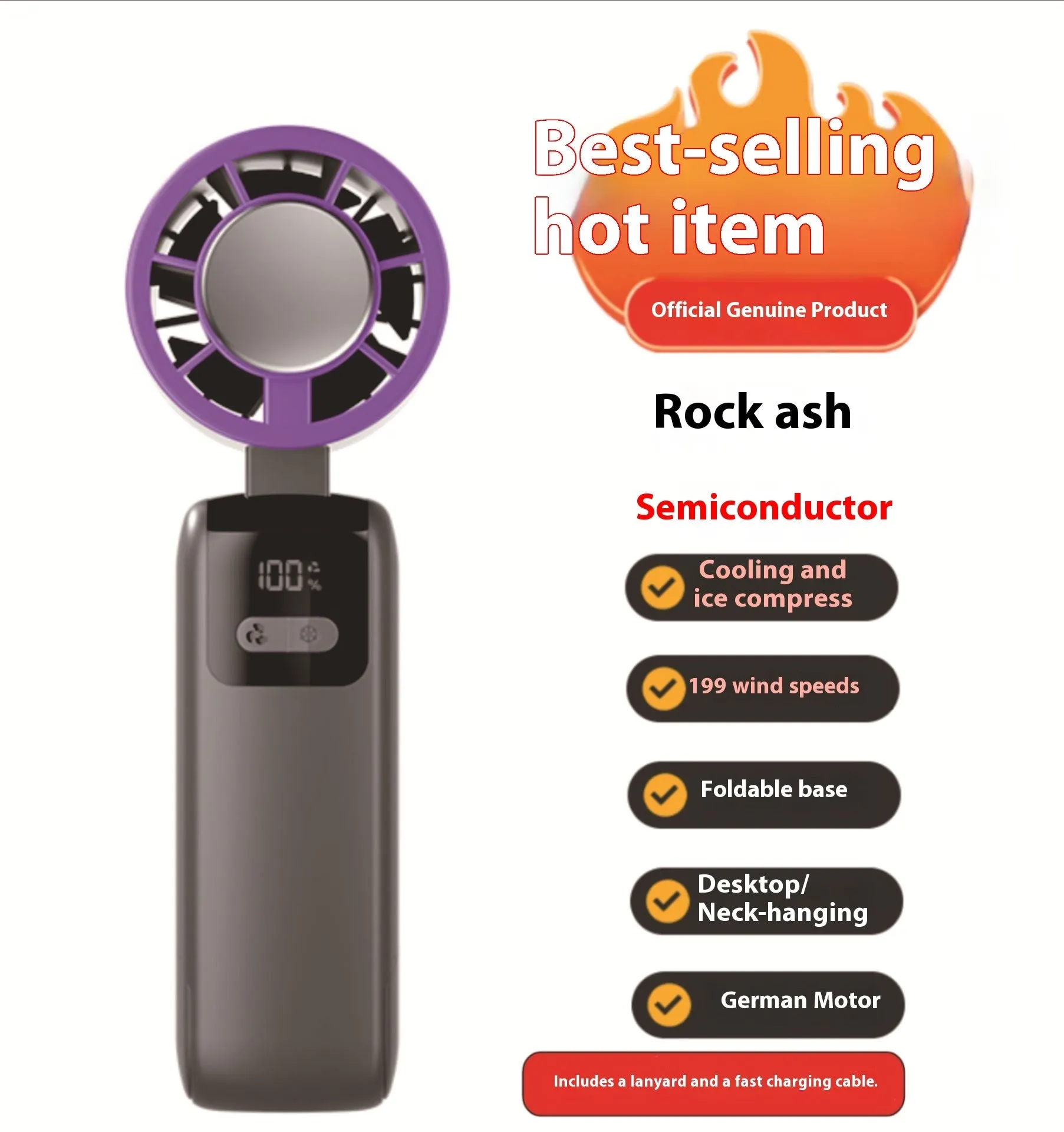 Y31 semiconductor folding digital display handheld refrigeration fan in rock gray with 199 speed settings