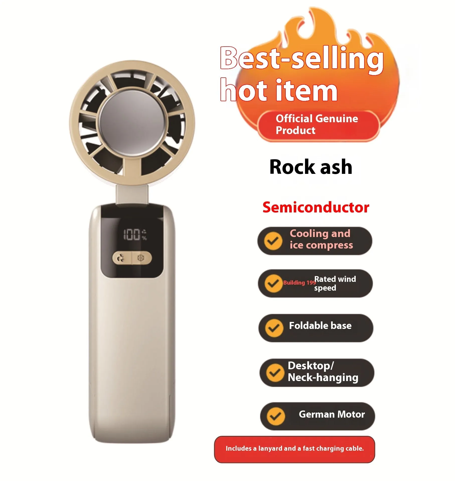 Y31 semiconductor folding digital display handheld refrigeration fan in rock gray with 199 speed settings