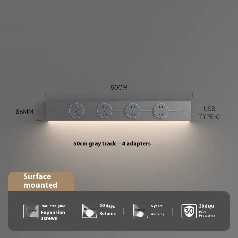 Induction lamp rail socket in black on a sideboard cabinet track with white background