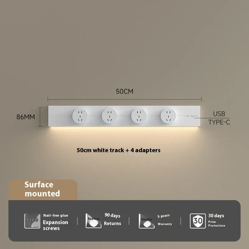 Induction lamp rail socket in black on a sideboard cabinet track with white background