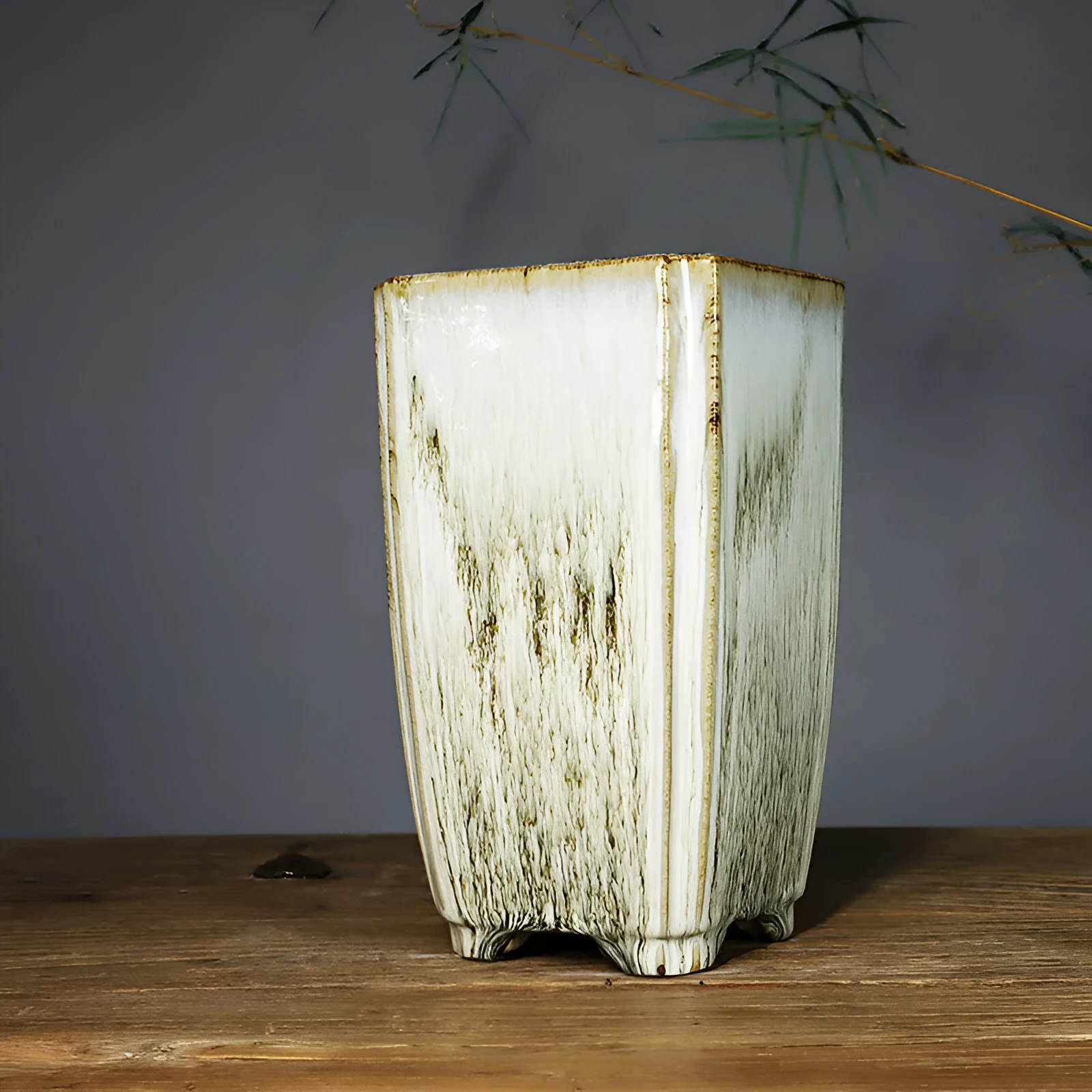 Lingnan Shiwan ceramic glazed light colour square sign tube flowerpot handmade fired