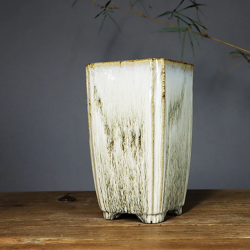 Lingnan Shiwan ceramic glazed light colour square sign tube flowerpot handmade fired