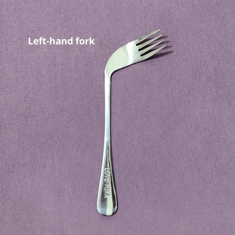 Stainless steel adaptive spoon for elderly feeding care, left hand version on white background