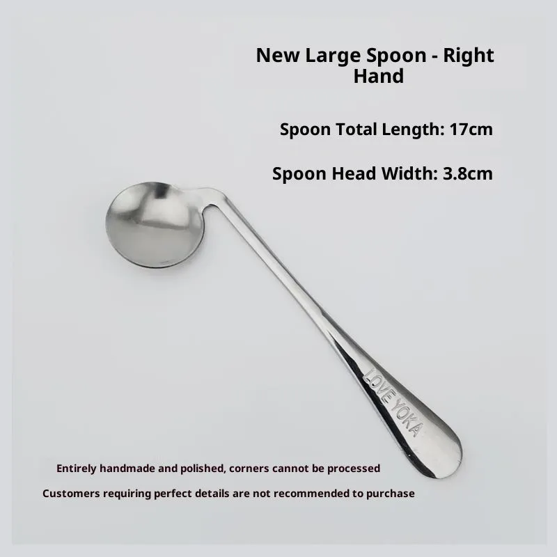 Stainless steel adaptive spoon for elderly feeding care, left hand version on white background