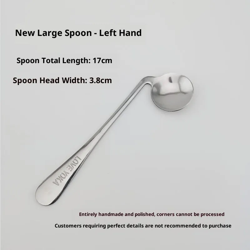 Stainless steel adaptive spoon for elderly feeding care, left hand version on white background