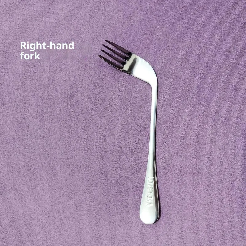 Stainless steel adaptive spoon for elderly feeding care, left hand version on white background