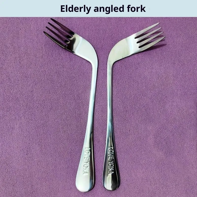 Stainless steel adaptive spoon for elderly feeding care, left hand version on white background