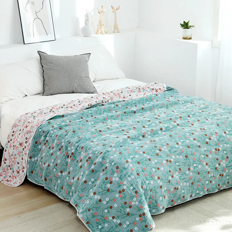 Four-layer cotton gauze lace bedspread with yarn-dyed Jacquard plants and flowers pattern in Japanese style