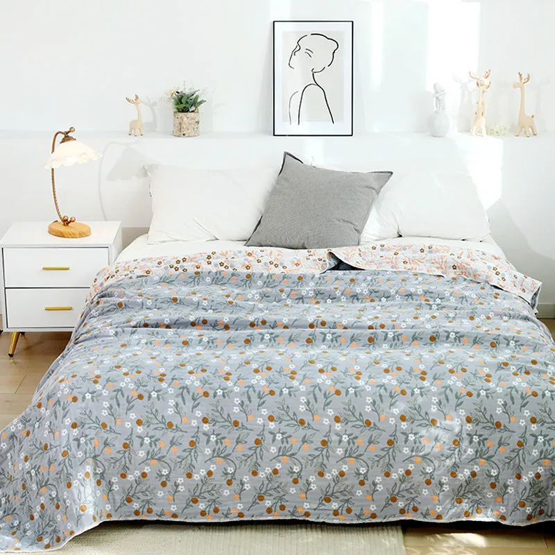 Four-layer cotton gauze lace bedspread with yarn-dyed Jacquard plants and flowers pattern in Japanese style