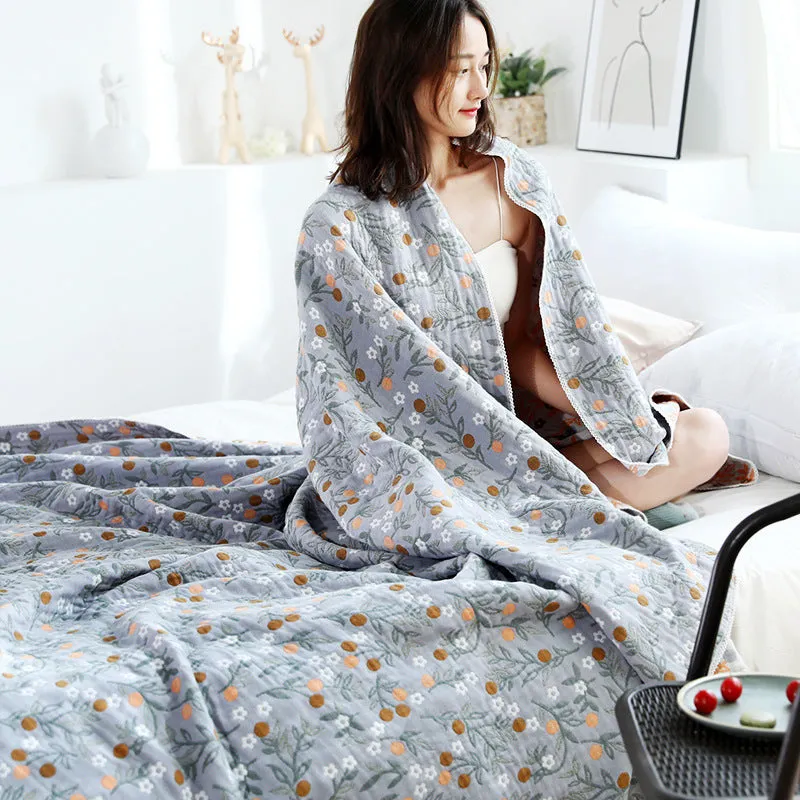 Four-layer cotton gauze lace bedspread with yarn-dyed Jacquard plants and flowers pattern in Japanese style