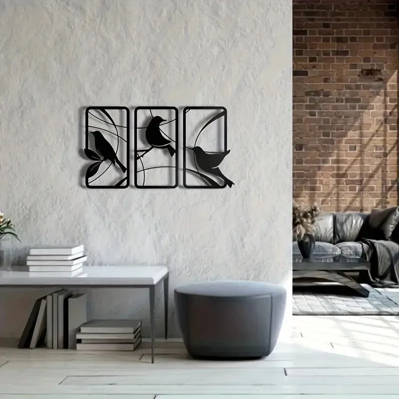 Sanzhiniao black wrought iron wall decoration three-piece set on a wall background