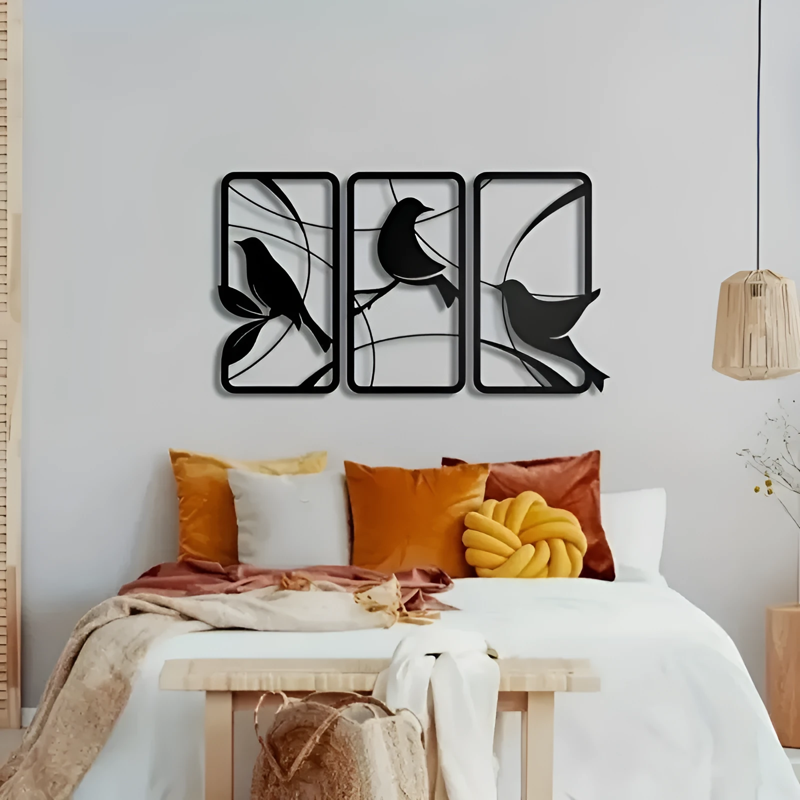 Sanzhiniao black wrought iron wall decoration three-piece set on a wall background