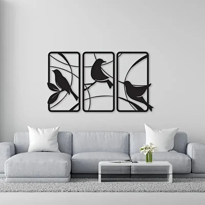 Sanzhiniao black wrought iron wall decoration three-piece set on a wall background