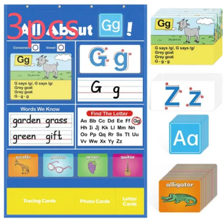 Large blue alphabet learning sleeve chart with scattered word, letter, and picture cards for children.