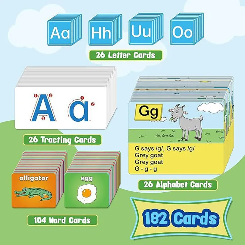 Large blue alphabet learning sleeve chart with scattered word, letter, and picture cards for children.