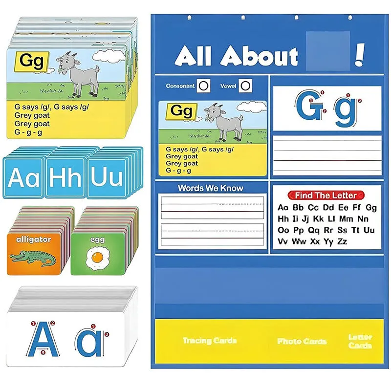 Large blue alphabet learning sleeve chart with scattered word, letter, and picture cards for children.