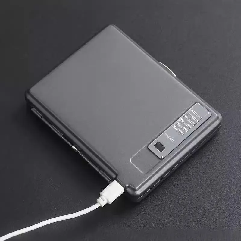Classic flip charging metal cigarette case lighter with built-in windproof lighter, available in black, gold, and gray.