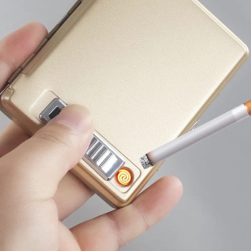 Classic flip charging metal cigarette case lighter with built-in windproof lighter, available in black, gold, and gray.
