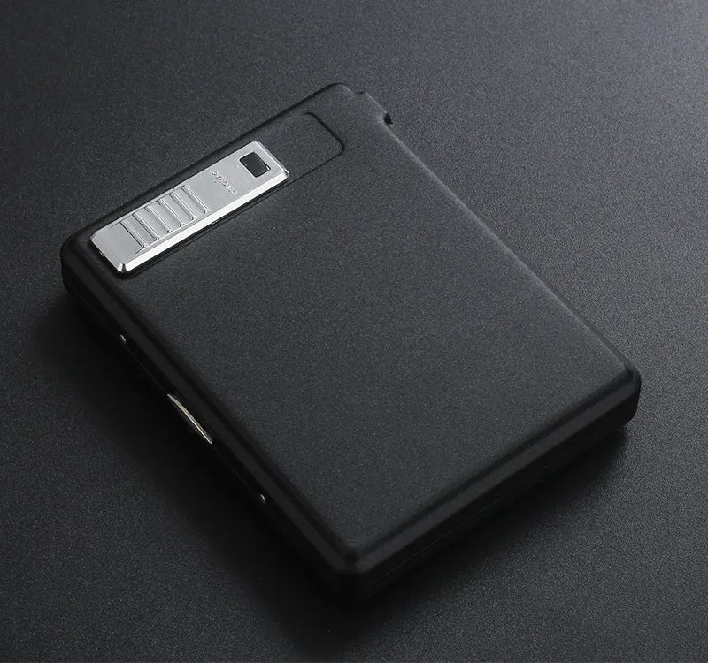 Classic flip charging metal cigarette case lighter with built-in windproof lighter, available in black, gold, and gray.