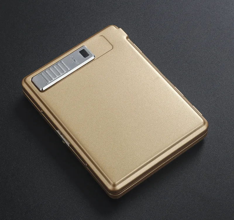 Classic flip charging metal cigarette case lighter with built-in windproof lighter, available in black, gold, and gray.