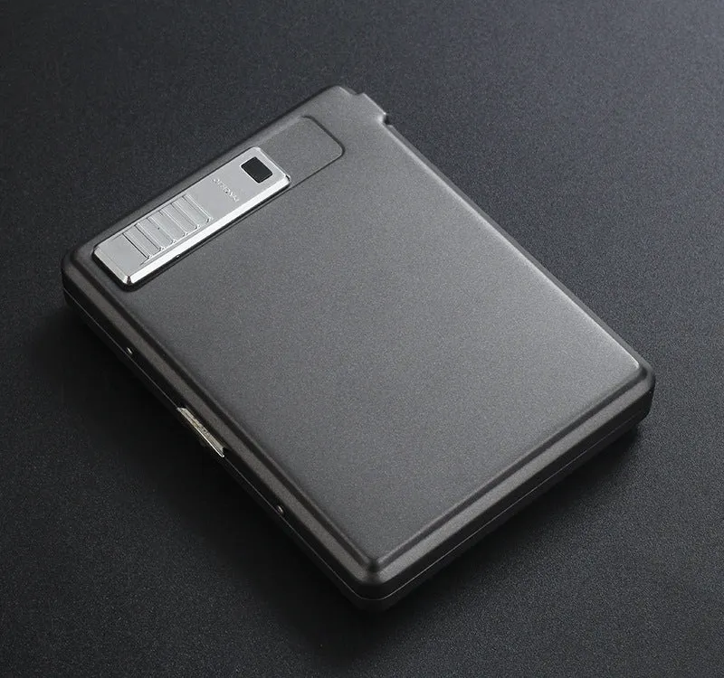 Classic flip charging metal cigarette case lighter with built-in windproof lighter, available in black, gold, and gray.