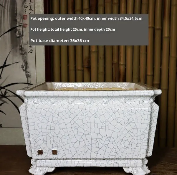 Handmade ceramic flower pot with crackle glaze surface in Chinese style, large diameter, available in dark, light mung bean or white