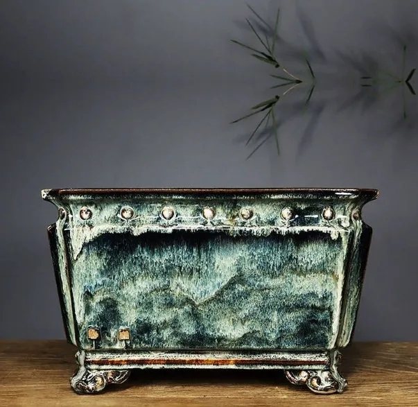 Handmade ceramic flower pot with crackle glaze surface in Chinese style, large diameter, available in dark, light mung bean or white