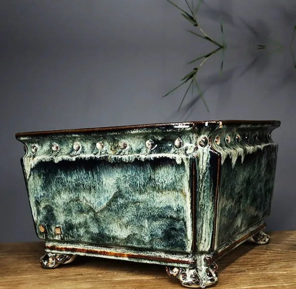 Handmade ceramic flower pot with crackle glaze surface in Chinese style, large diameter, available in dark, light mung bean or white