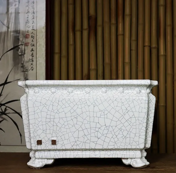 Handmade ceramic flower pot with crackle glaze surface in Chinese style, large diameter, available in dark, light mung bean or white