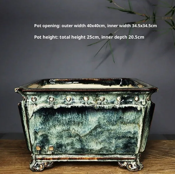Handmade ceramic flower pot with crackle glaze surface in Chinese style, large diameter, available in dark, light mung bean or white