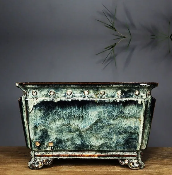 Handmade ceramic flower pot with crackle glaze surface in Chinese style, large diameter, available in dark, light mung bean or white