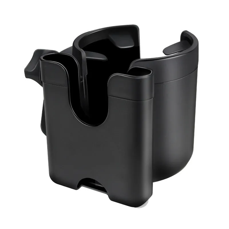 2-in-1 baby stroller cup holder in black, made of silicone and ABS, clipped onto pushchair handlebar