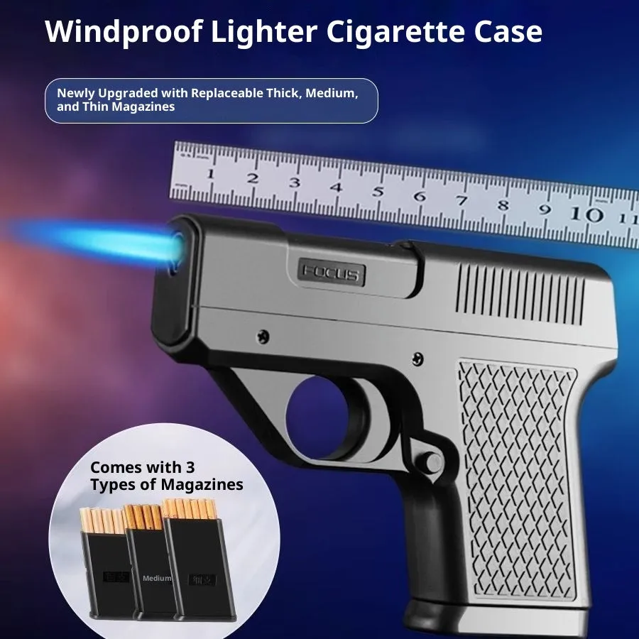 Plastic windproof gas lighter with cigarette case in black colour with three cigarette boxes