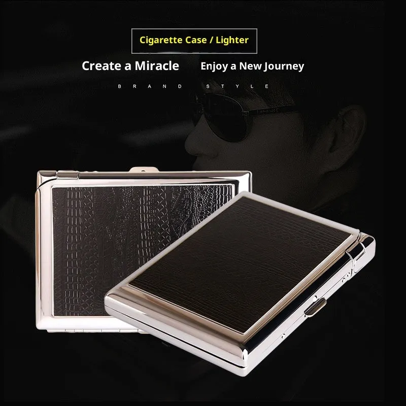 Metal cigarette case with windproof lighter in modern simplicity style, model DH-8923, with leather-like finish.