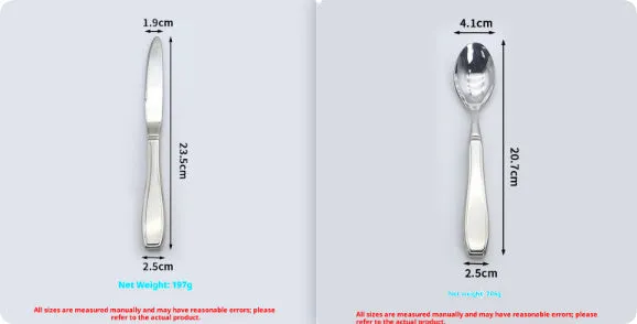 Stainless steel Western-style tableware set with anti-handshaking design including heavy-duty spoon, fork, and knife on a neutral background.